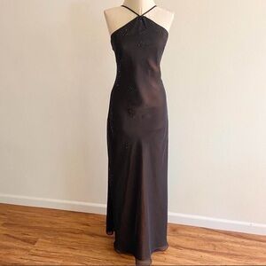 Betsy & Adam Black Halter Maxi Gown with Subtle Sparkle